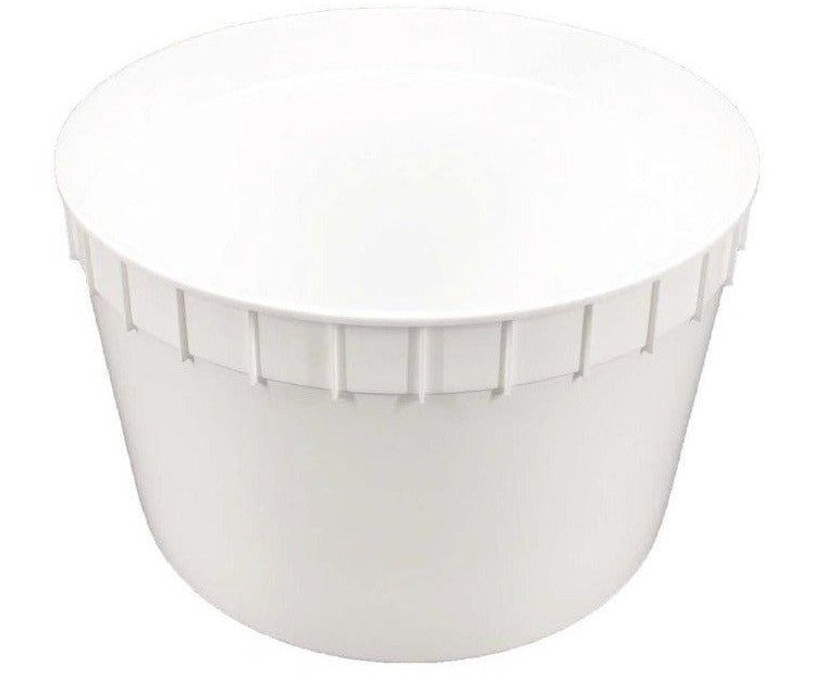 Close-up of 2.5 Gallon plastic ice cream tubs stacked and ready to serve