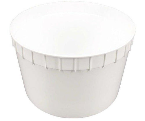 Close-up of 2.5 Gallon plastic ice cream tubs stacked and ready to serve