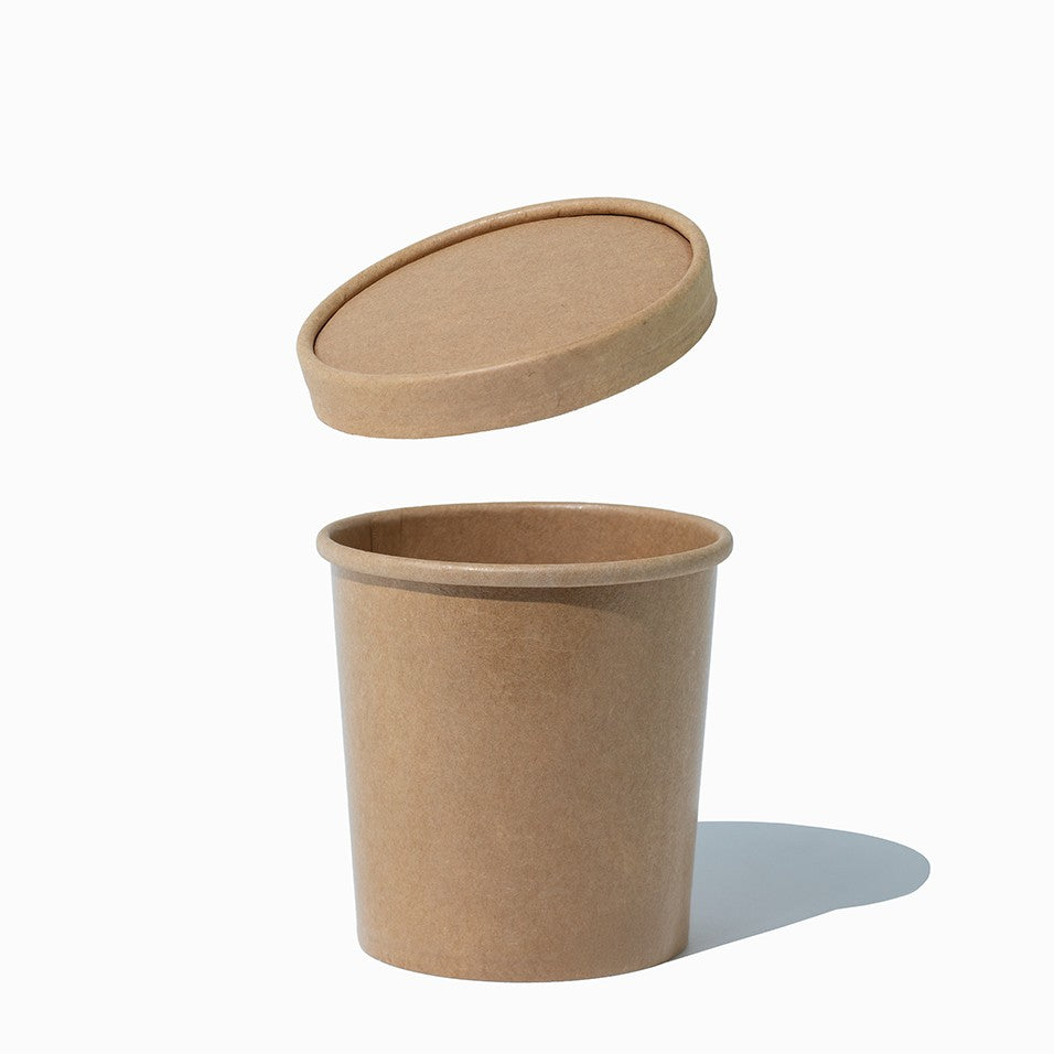 Close-up of 16 oz kraft compostable to-go containers stacked and ready to serve