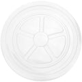 Close-up of 8 oz clear plastic cup lids stacked and ready to serve