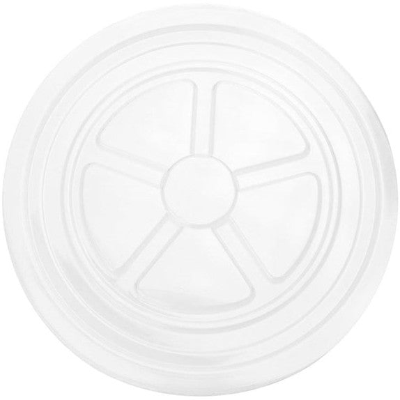 Close-up of 8 oz clear plastic cup lids stacked and ready to serve