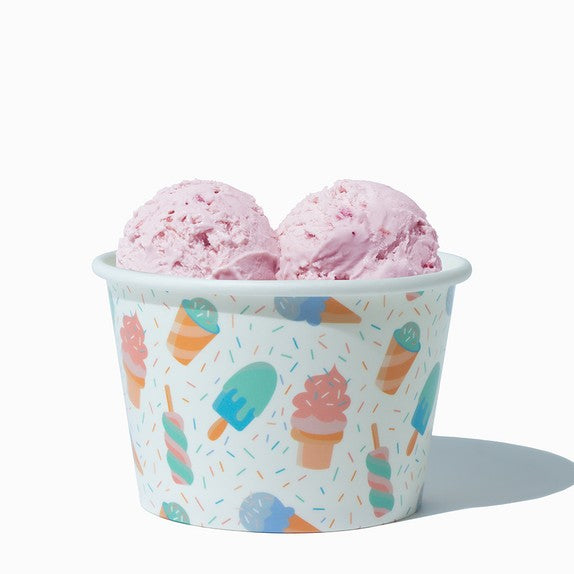 Close-up of 8 oz ice cream cups stacked and ready to serve