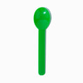Close-up of green compostable tasting spoons stacked and ready to serve
