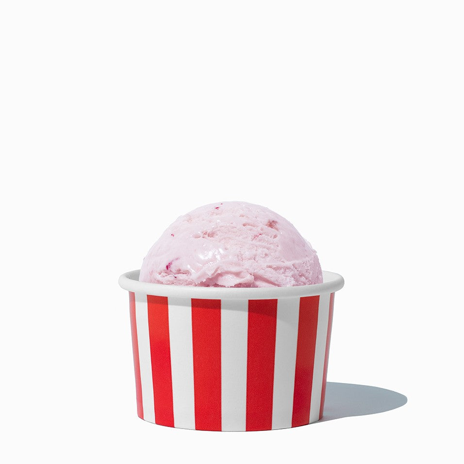 Close-up of 4 oz red ice cream cups stacked and ready to serve