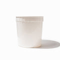 Close-up of 2.5 Gallon plastic ice cream tubs stacked and ready to serve