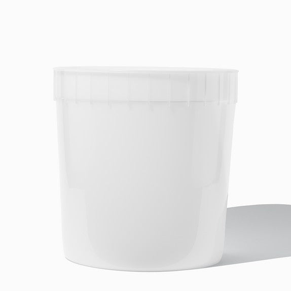Close-up of 3 Gallon plastic ice cream tubs stacked and ready to serve
