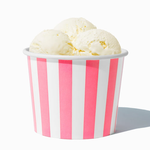 Close-up of 12 oz pink ice cream cups stacked and ready to serve
