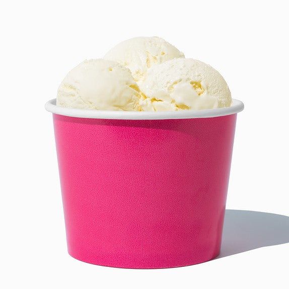 Close-up of 12 oz pink ice cream cups stacked and ready to serve