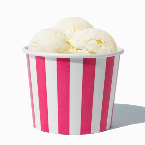 Close-up of 12 oz pink ice cream cups stacked and ready to serve