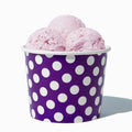 Close-up of 12 oz purple ice cream cups stacked and ready to serve