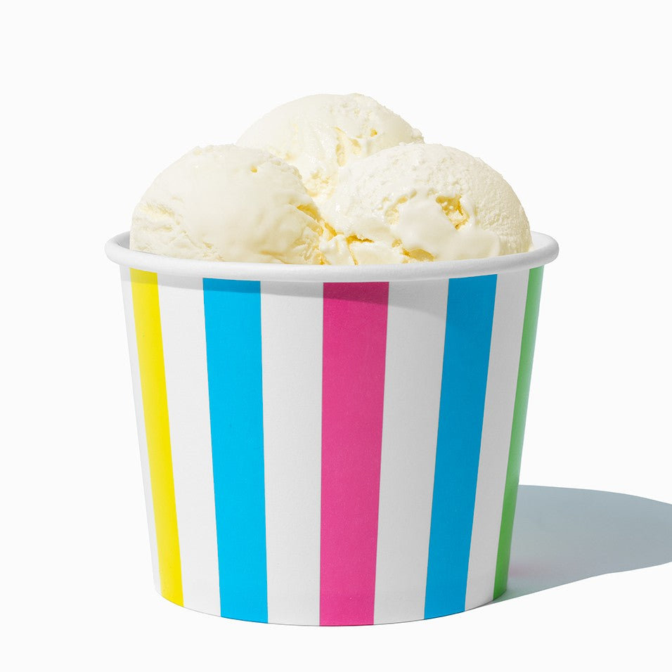 Close-up of 12 oz rainbow ice cream cups stacked and ready to serve