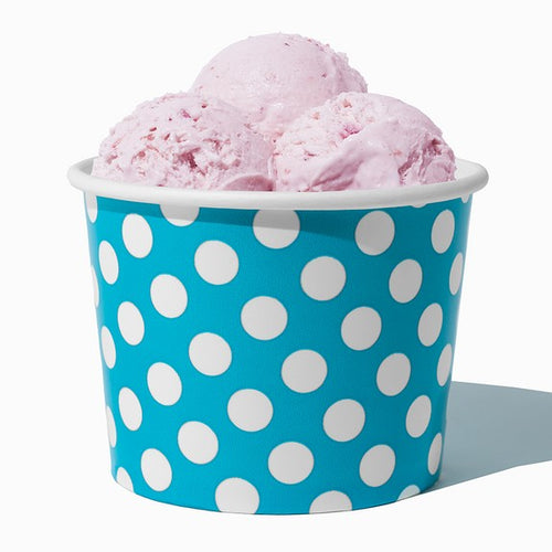 Close-up of 16 oz blue ice cream cups stacked and ready to serve