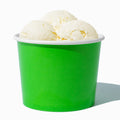 Close-up of 16 oz green ice cream cups stacked and ready to serve