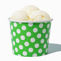 Close-up of 16 oz green ice cream cups stacked and ready to serve