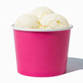 Close-up of 16 oz pink ice cream cups stacked and ready to serve
