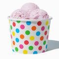 Close-up of 16 oz rainbow ice cream cups stacked and ready to serve