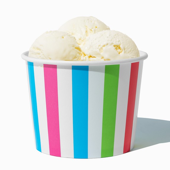 Close-up of 16 oz rainbow ice cream cups stacked and ready to serve