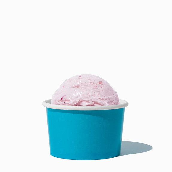 Close-up of 4 oz blue ice cream cups stacked and ready to serve