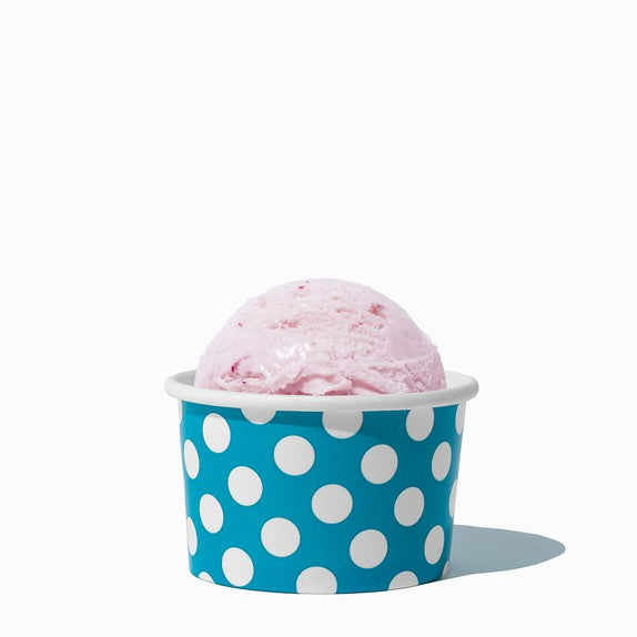 Close-up of 4 oz blue ice cream cups stacked and ready to serve