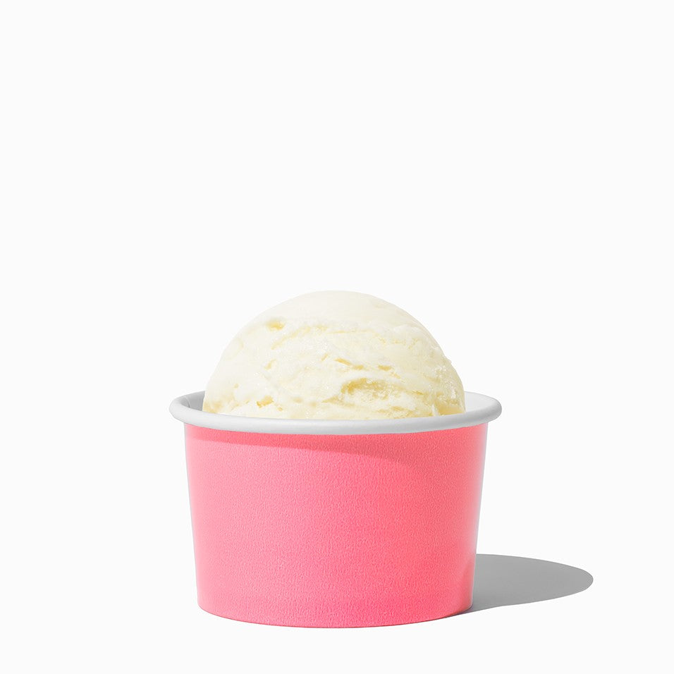 Close-up of 4 oz pink ice cream cups stacked and ready to serve