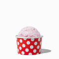 Close-up of 4 oz red ice cream cups stacked and ready to serve