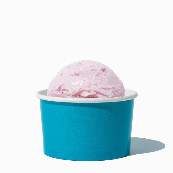 Close-up of 5 oz blue ice cream cups stacked and ready to serve
