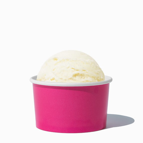 Close-up of 5 oz pink ice cream cups stacked and ready to serve