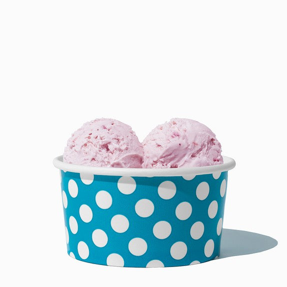 Close-up of 6 oz blue ice cream cups stacked and ready to serve