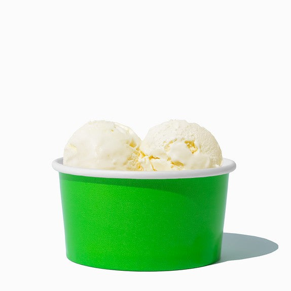 Close-up of 6 oz green paper ice cream cups stacked and ready to serve