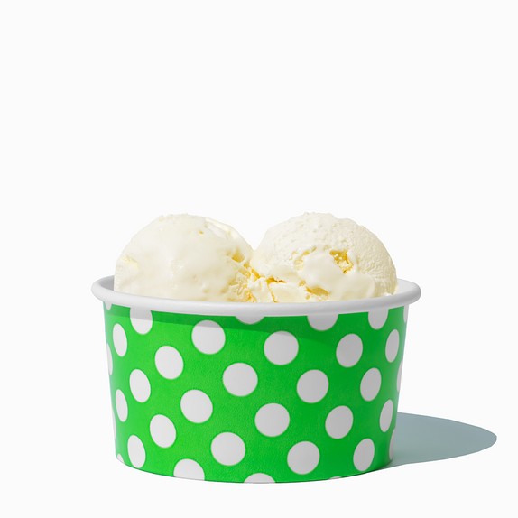 Close-up of 6 oz green ice cream cups stacked and ready to serve