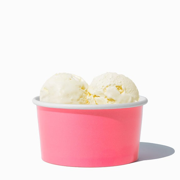 Close-up of 6 oz pink ice cream cups stacked and ready to serve