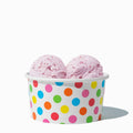 Close-up of 6 oz rainbow ice cream cups stacked and ready to serve