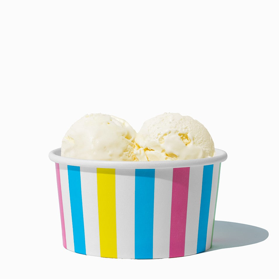 Close-up of 6 oz rainbow ice cream cups stacked and ready to serve