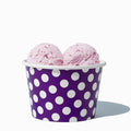 Close-up of 8 oz purple ice cream cups stacked and ready to serve