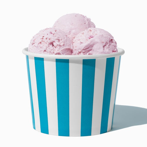 Close-up of 12 oz blue ice cream cups stacked and ready to serve