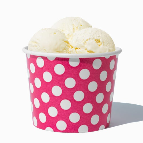 Close-up of 12 oz pink ice cream cups stacked and ready to serve