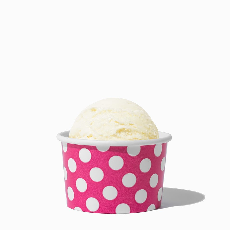 Close-up of 4 oz pink ice cream cups stacked and ready to serve