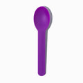 Close-up of purple tasting spoons stacked and ready to serve