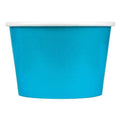 Close-up of 8 oz blue ice cream cups stacked and ready to serve